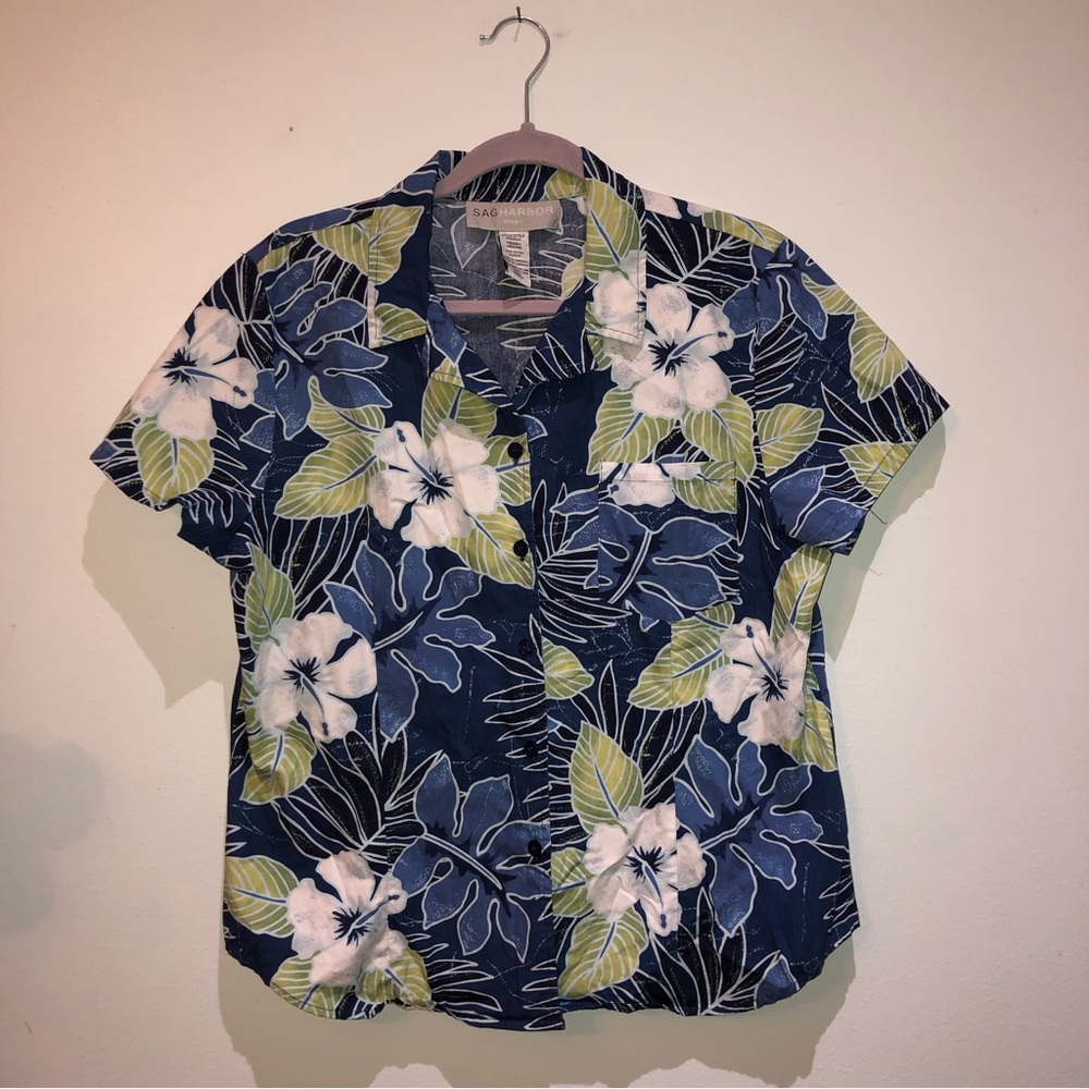 Sag Harbor Sport vintage women's blue floral print short sleeve denim top size M